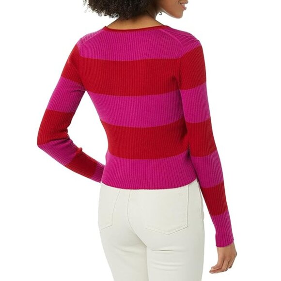 Rebecca Taylor Women's Rib Merino Striped Cropped Cardigan Sweater Size Medium - Picture 2 of 10